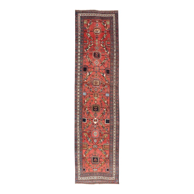 Kurdish Antique Runner in Vibrant Red Background and Multi-Tiered Border 3'3 X 14'1 For Sale