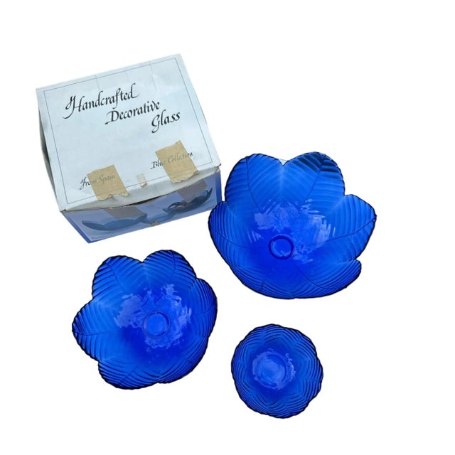 Blue Cobalt Blue Glass Serving Bowl Set of 3 Leaf Pattern Made in Spain Mid 20th Century For Sale - Image 8 of 8