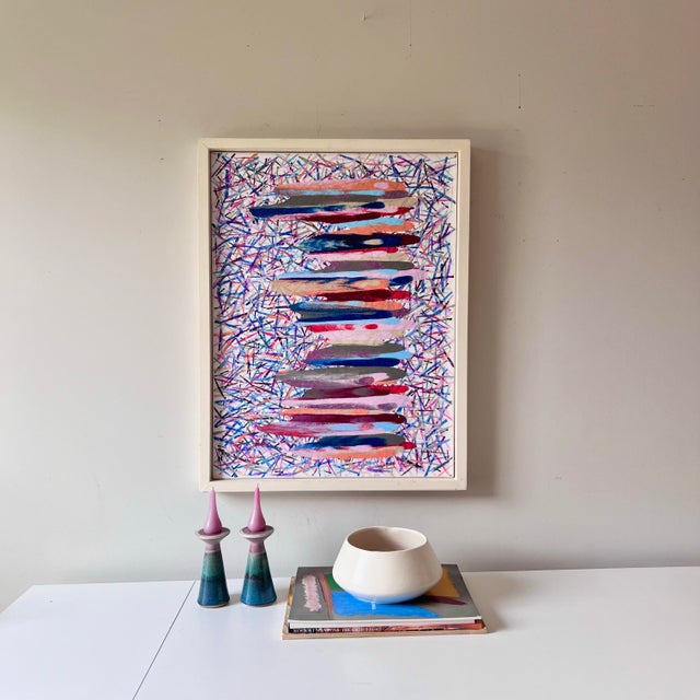 Displayable for any orientation this vintage abstract painting carries a variety of colors and strong brushwork. Hues of...