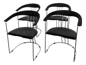 Steel and Black Semi-Leather Chairs, 1975, Set of 4