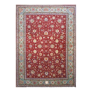 Antique Persian Tabriz Pahlavi Wool 12x16 Red, Teal, & Ivory Handmade Area Rug #9902164 For Sale