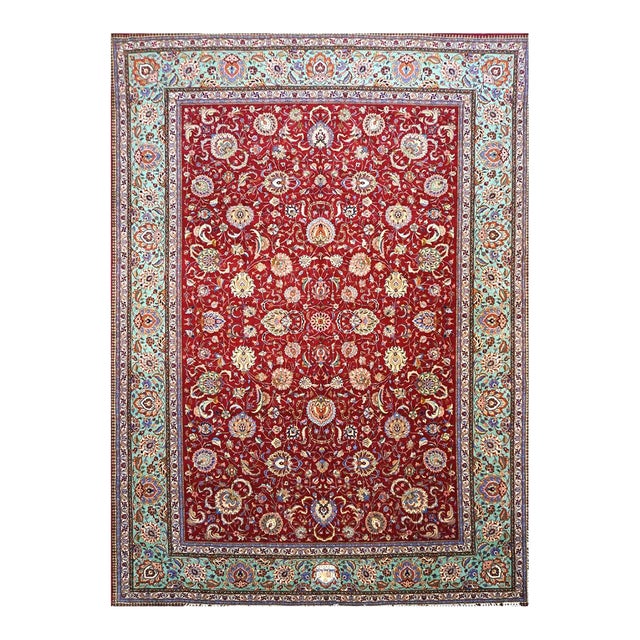Antique Persian Tabriz Pahlavi Wool 12x16 Red, Teal, & Ivory Handmade Area Rug #9902164 For Sale