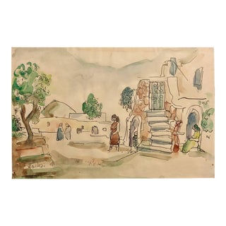 Aharon Giladi, Old Yishuv, Israeli Watercolor Painting Modern Art Landscape For Sale