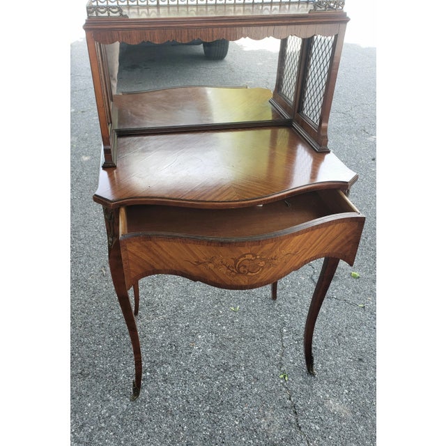 Wood Louis XV Marquetry Mirrored and Galleried Bonheur Du Jour Ladies' Bureau Vanity For Sale - Image 7 of 13