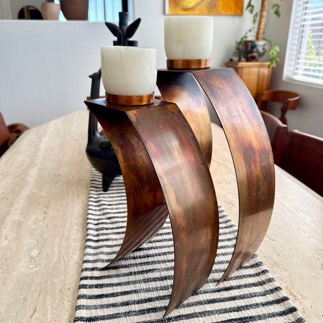 Brutalist Signed Sanders Vintage Copper Candleholder Set Modern MCM For Sale In Palm Springs - Image 6 of 12