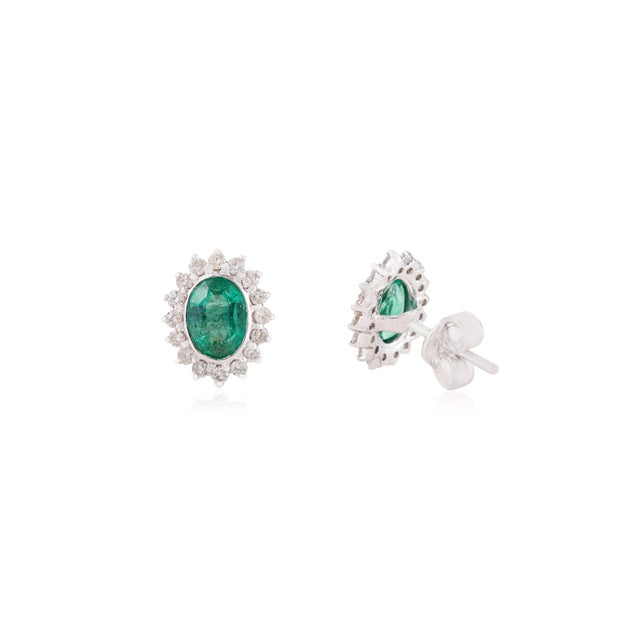 Zambian Emerald Diamond Halo Stud Earrings in 14k Gold- A Pair Gift for Mom For Sale In New York - Image 6 of 14