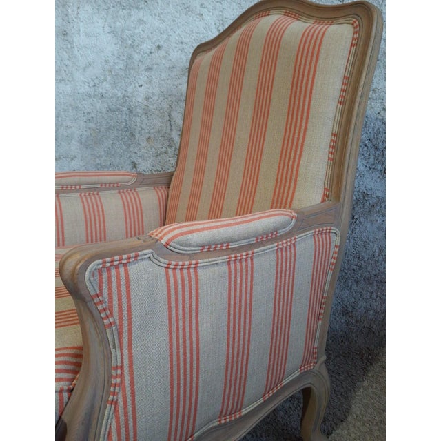 Louis XV Bergère Chair with Cerused Finish in Coral Striped Linen, 1890s For Sale - Image 3 of 6