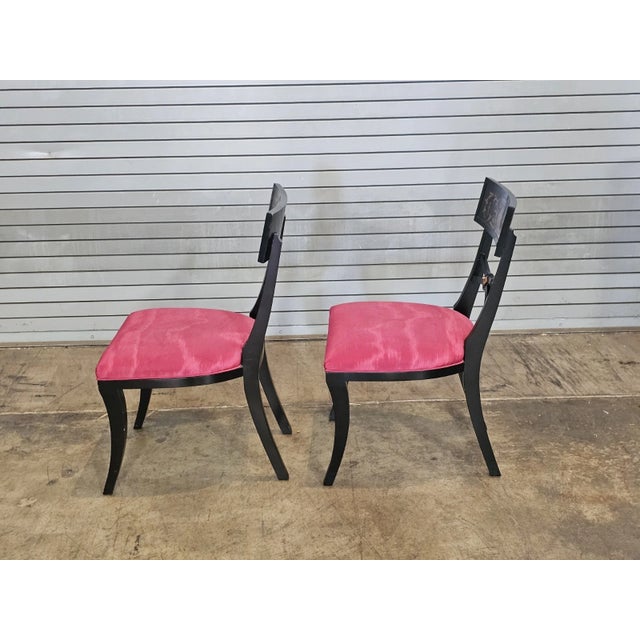 Black Pair of Regency Style Ebonized Klismos Chairs by Baker Furniture in Silk Moiré Fabric, Late 20th Century For Sale - Image 8 of 9