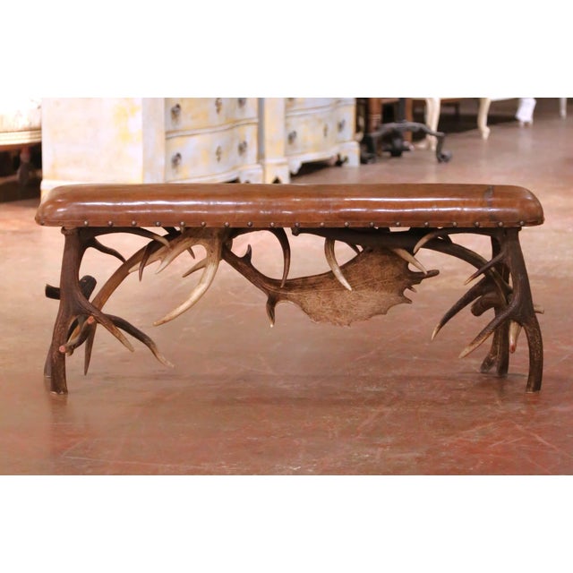 Rustic Early 20th Century Austrian Black Forest Antler Lodge Bench With Leather Seat For Sale - Image 3 of 14