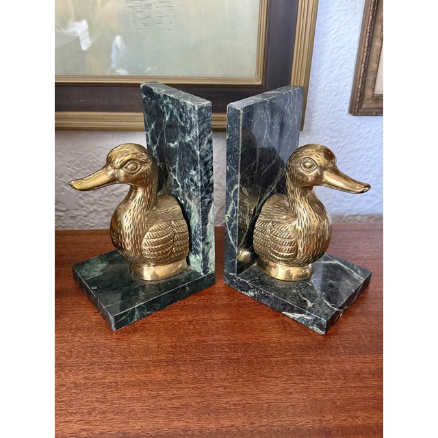 Late 20th Century Late 20th Century Solid Brass Duck Bookends on Marble For Sale - Image 5 of 10
