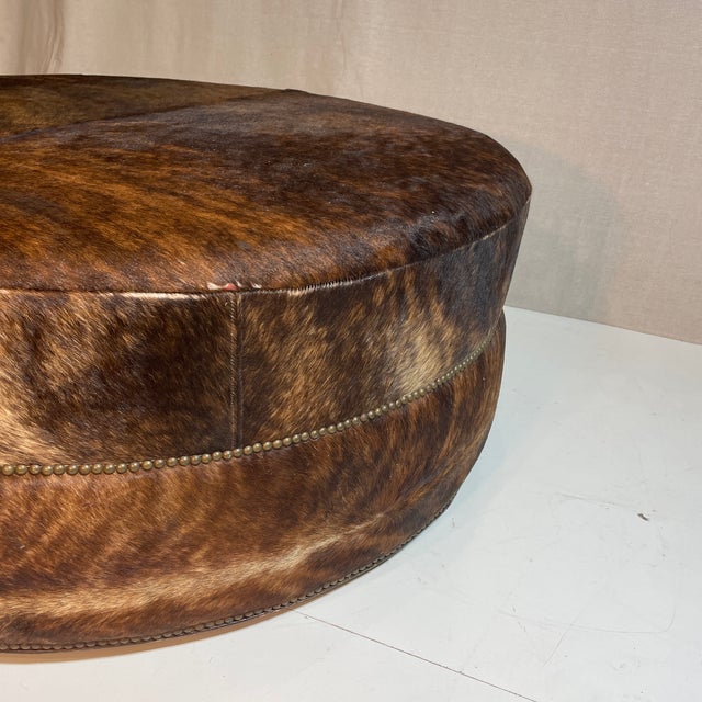 Brown Oversized Round Hide Ottoman For Sale - Image 8 of 12