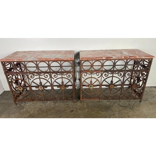 Metal Pair of Italian Wrought Iron Consoles With Rosso Verona Marble Tops For Sale - Image 7 of 18