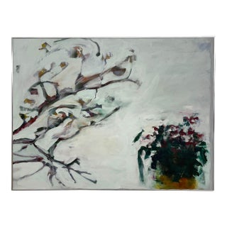 Large Contemporary Abstract Floral Painting on Canvas in Silver Frame, White Blossoms Still Life For Sale