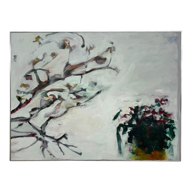 Large Contemporary Abstract Floral Painting on Canvas in Silver Frame, White Blossoms Still Life For Sale