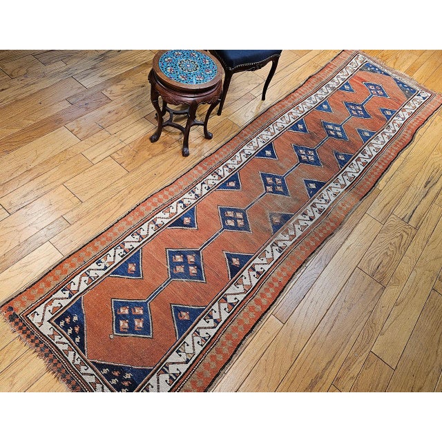 French Country 19th Century Persian Kurdish Runner Rug, Hand-Knotted Wool, Geometric Medallion Pattern, Terracotta & Navy, 3x12 For Sale - Image 3 of 16