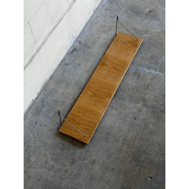 Mid 20th Century Vintage Danish Oak Wall Shelf With Brass Brackets Scandinavian Floating Shelf For Sale - Image 5 of 9