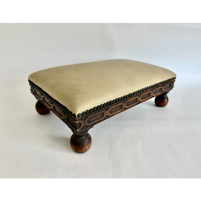 Victorian Antique Oak W/Leather Footstool For Sale - Image 3 of 5
