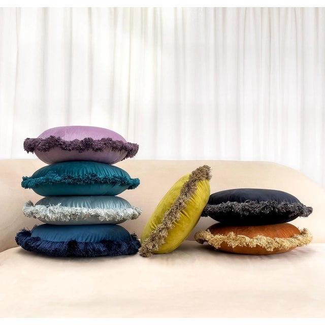 Hollywood Regency The Macaron, Fringed Velvet Circle Pillow, Teal For Sale - Image 3 of 7