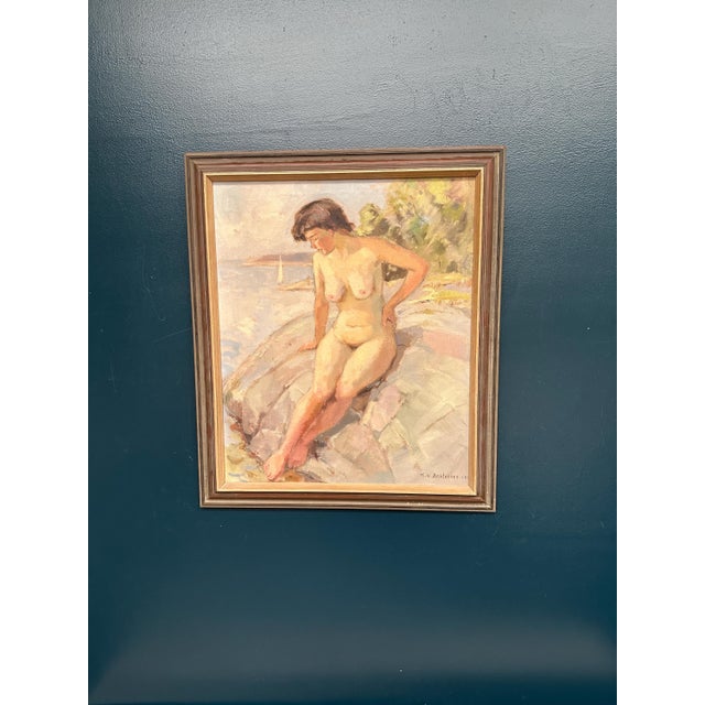 Karl Vilhelm Anstensen, Coastal Scene with Sunbathing Nude Woman, 1957, Oil Painting on Canvas, Framed For Sale - Image 15 of 17