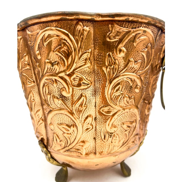 Vintage Embossed Copper Planter / Cachepot With Lion Head Ring Handles & Paw Feet - English / French Country / Rustic European For Sale - Image 12 of 13