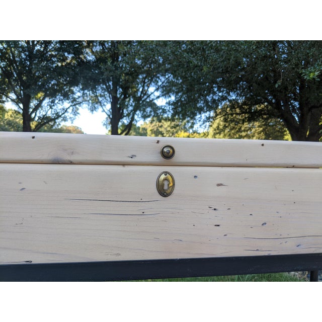 Vintage Pickled Wood and Black Metal Console Table With Trunk Storage For Sale - Image 10 of 16