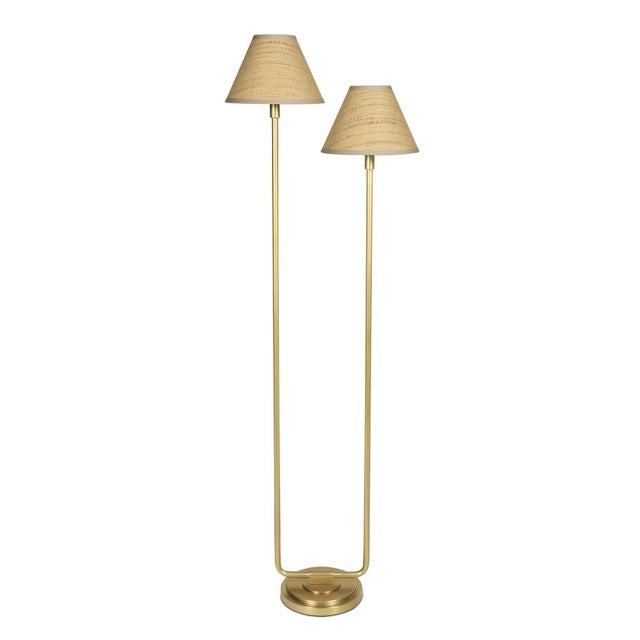 Polly Double Arm FloorLamp, Natural Brass with Rattan Shade For Sale In Detroit - Image 6 of 6