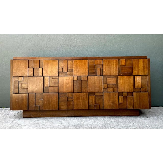 Vintage Lane Brutalist “Mosaics” Geometric Wood Credenza For Sale In West Palm - Image 6 of 12