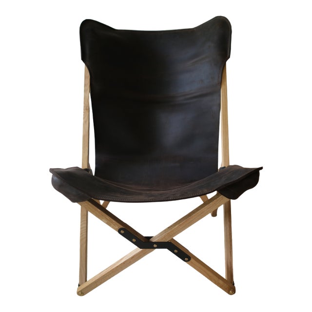 Modern Tripolina Folding Chair in Oak, Leather & Brass For Sale