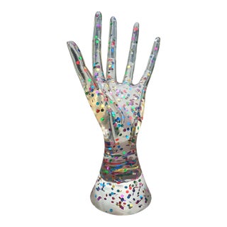 Vintage Lucite and Confetti Hand Jewelry Display Stand Ring Holder For Sale