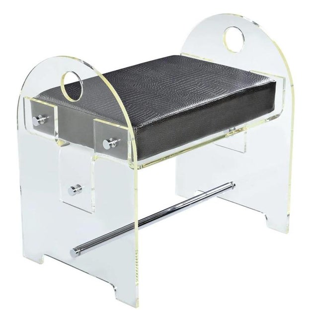 Glass Acrylic Glass Vanity Stool Bench with New Faux Snakeskin Upholstery, 1970 For Sale - Image 7 of 7