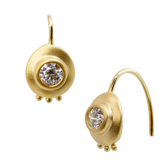 Solitaire Diamond Disc Gold Hook Earrings, Pair For Sale - Image 4 of 8