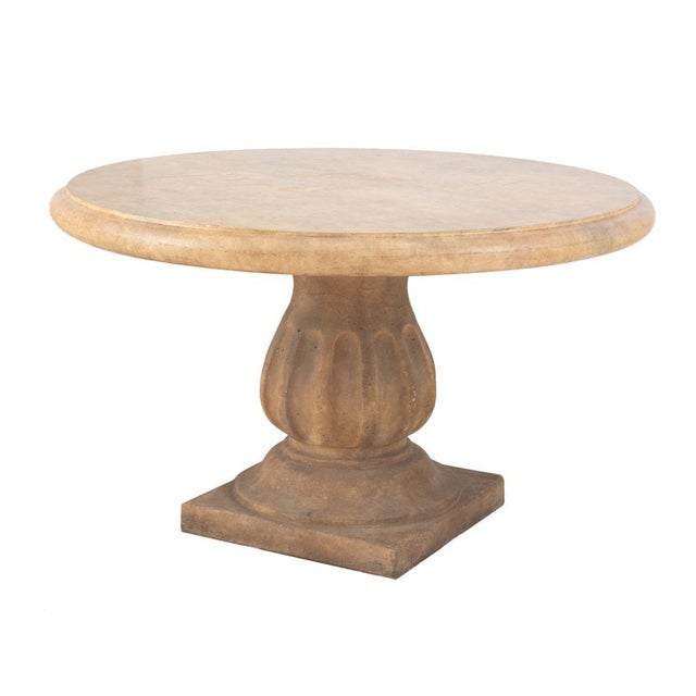 Stone Composite Circular Garden Table, with fluted stem above square base. 29" H x 47.25" Diameter. Provenance: From an...