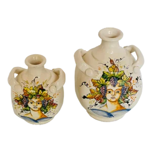 Vintage Tuscan Ceramiche d'Arte Tuscia Bottle Vase With Faces With Grapes a Pair