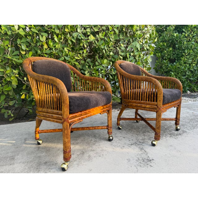 Vintage Burnt Bamboo Rattan & Cane Lounge Chairs on Casters, a Pair For Sale - Image 4 of 12
