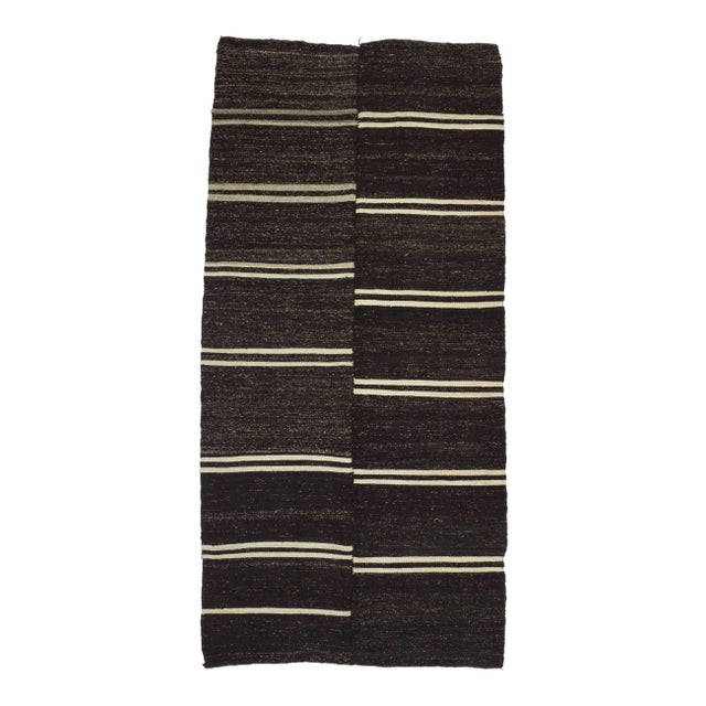 Vintage White Striped Black Kilim Rug - 5' x 10'7" For Sale