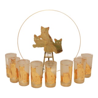 1970s Mid-Century Modern Culver "Tabby" 22k Gold & Frosted Cat Highball Glasses & Matching Tray - 9 Pcs For Sale