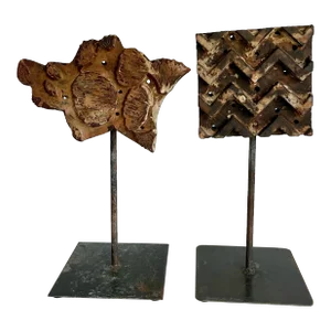 Pair of Antique Carved Wood Textile Stamps on Iron Stands