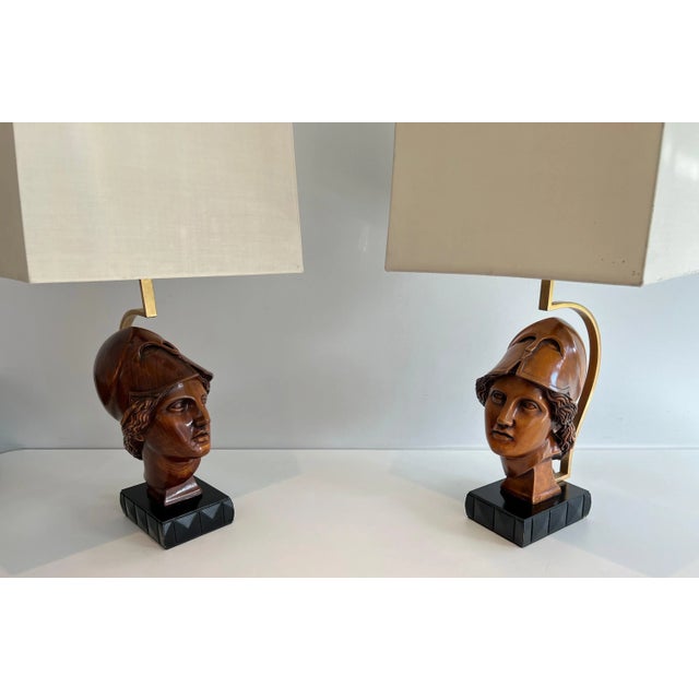Neoclassical 1970 Table Lamps Depicting Faces of Helmeted Soldiers - A Pair For Sale - Image 3 of 12