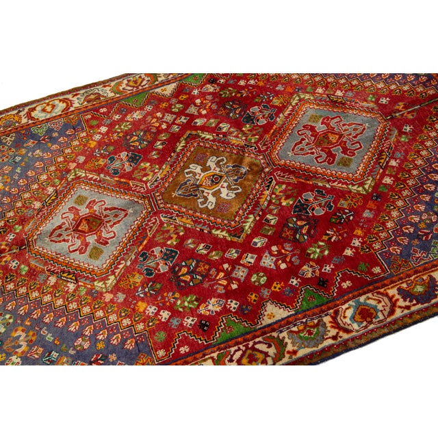 Textile Red Vintage Shiraz Scatter Wool Rug With Allover Geometric Design For Sale - Image 7 of 9