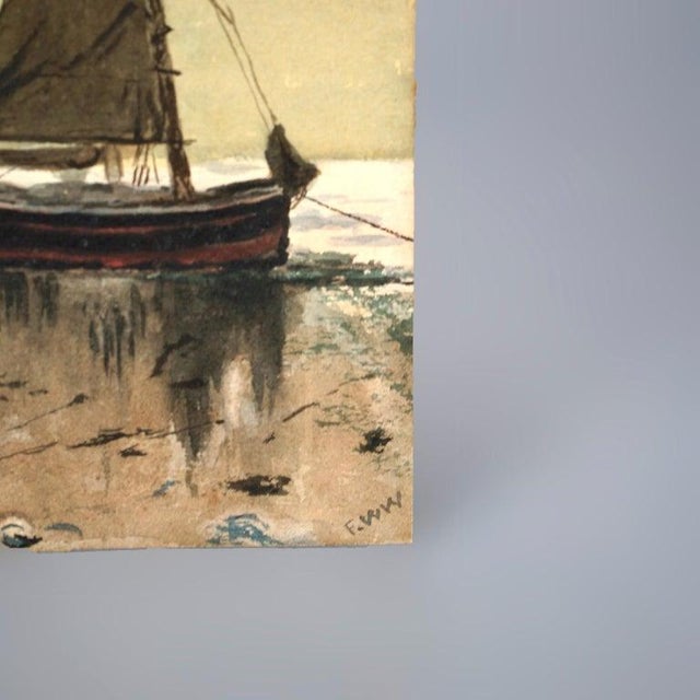 Antique Watercolor Seascape Painting With Fishing Boats & Figures by Fww, 19th C For Sale - Image 6 of 7