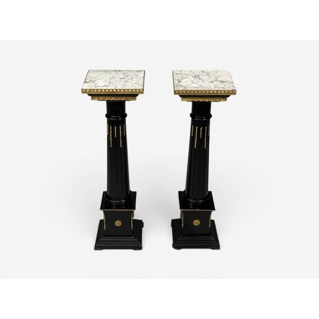 Mid-Century Modern Hollywood Regency, Marble Top Pedestals, Ebonized Wood, Bronze, France, 1960s For Sale - Image 3 of 11