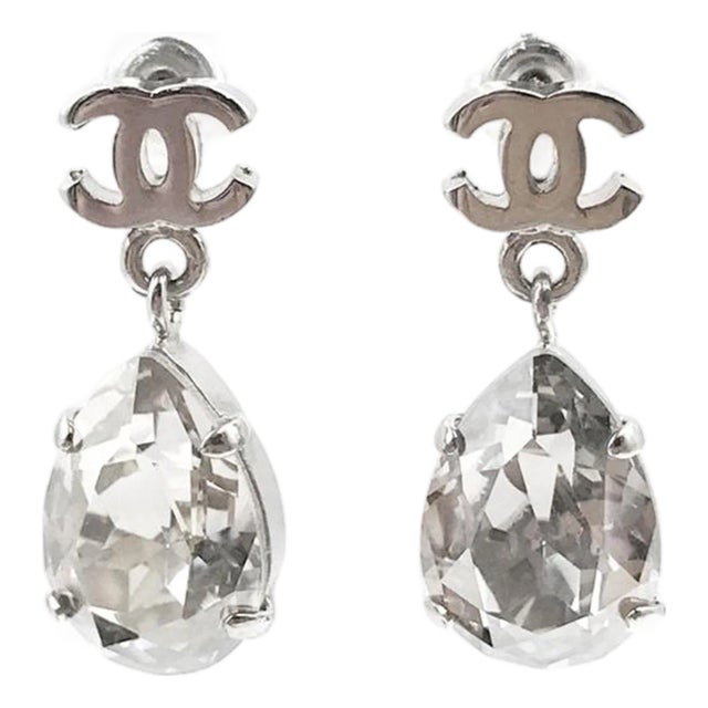 Chanel Silver CC Tear Drop Crystal Shiny Piercing Earrings, A Pair For Sale