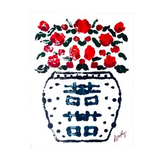 “Ruby” Contemporary Rorschach Double Happiness Ginger Jar Floral Still Life Mixed-Media Painting on Paper by Dorothy Art For Sale