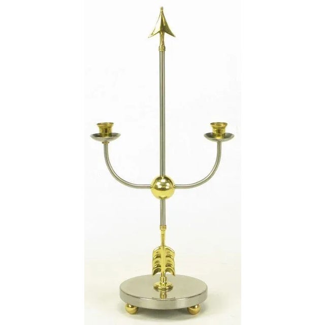 Traditional Italian Empire Style Brushed Steel & Brass Candelabra - a Pair For Sale - Image 3 of 10
