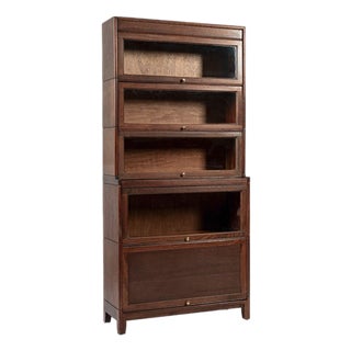 Antique English Tall Stepback Oak Wood Barrister Bookcase Cabinet For Sale