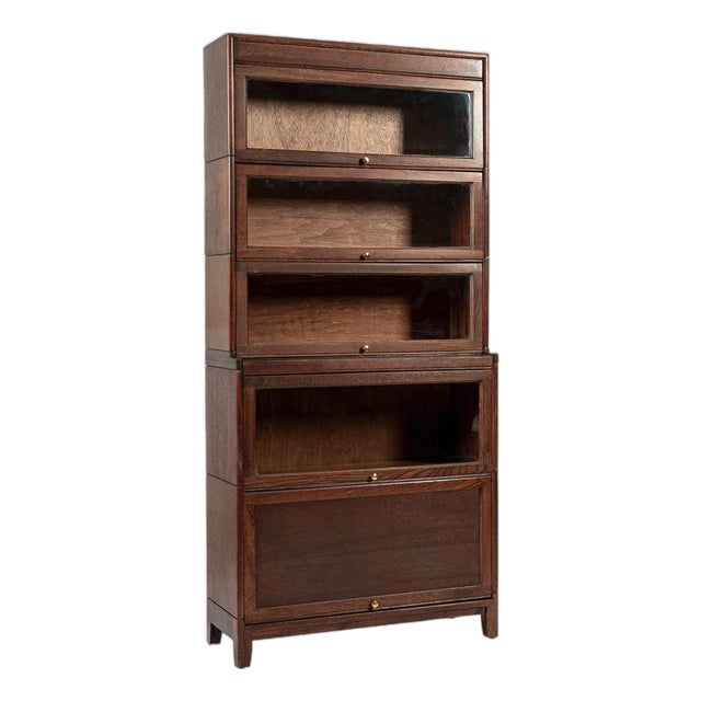 Antique English Tall Stepback Oak Wood Barrister Bookcase Cabinet For Sale