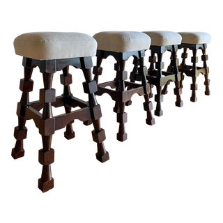 Mid Century Modern Vintage Solid Walnut Block and Cone Eclectic Spanish Modern Bar Stools With New Hemp Linen Upholstery - Set of 4 For Sale