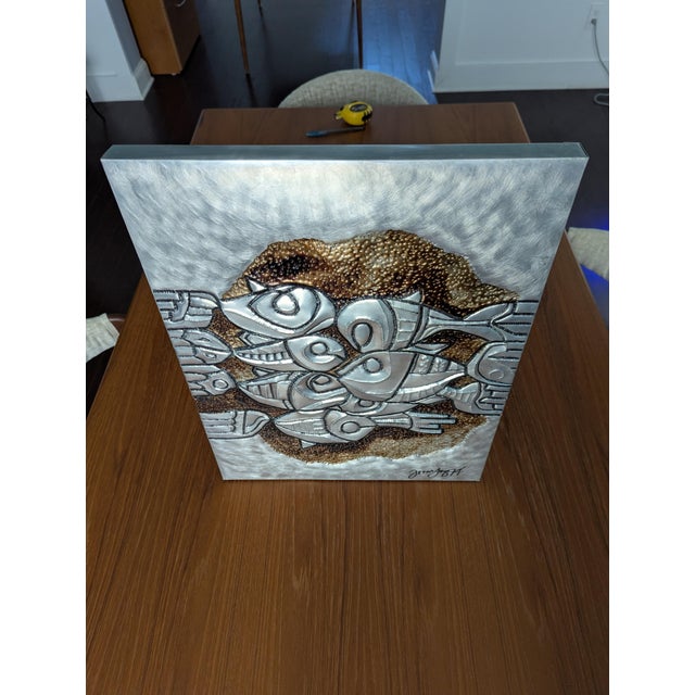 Japanese Signed - Brutalist School of Fish Mixed-Metal Relief Wall Sculpture — 1974 For Sale - Image 3 of 7
