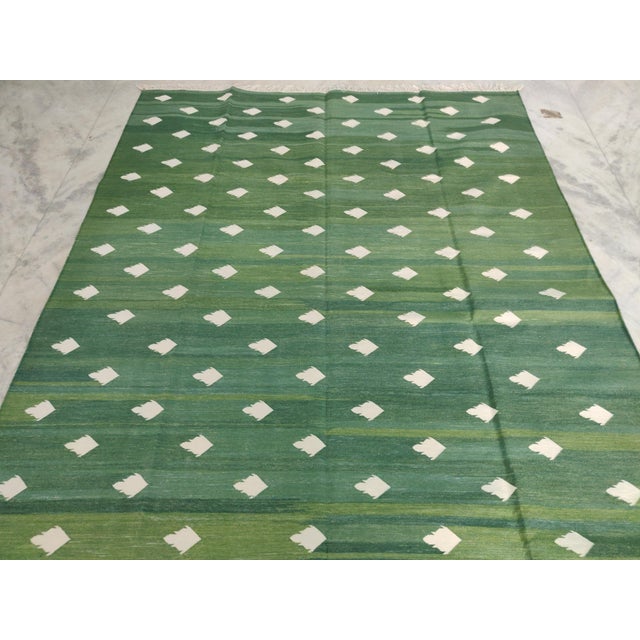 Handmade Cotton Fleur Rug, Forest Green and White Dhurrie - 14'x16' For Sale - Image 12 of 16