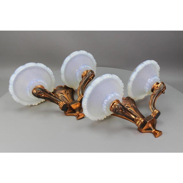 French Art Deco Copper and Opalescent Glass Sconces by Ezan, 1930s, Set of 2 For Sale - Image 12 of 18